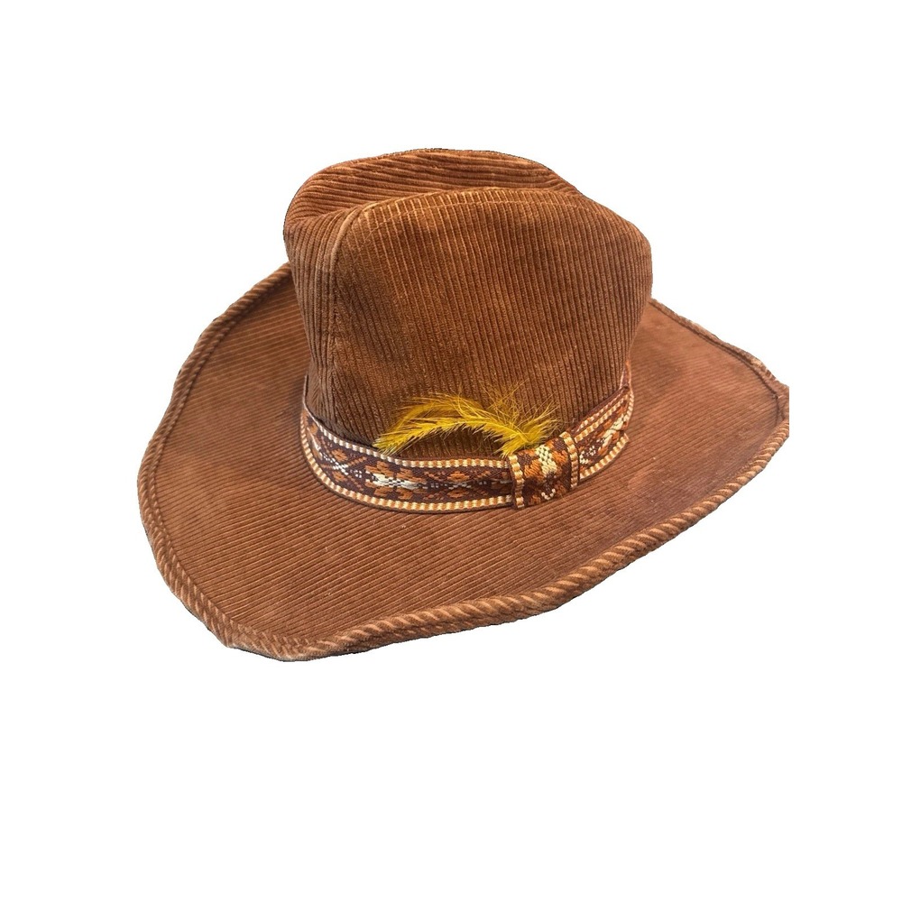 Vintage Brown Corduroy Western Cowboy Hat Ranch Gaucho Woven Band Feather 70s